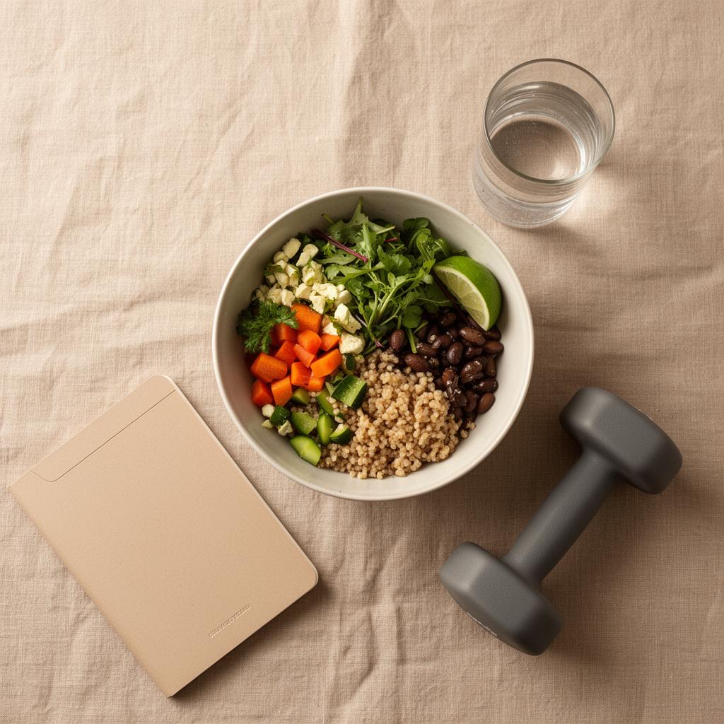 Healthy meal and workout setup
